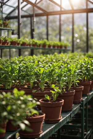 Seedlings in pots in a greenhouse on a sunny spring day. Seedlings in pots in a greenhouse on a sunny spring day.の素材