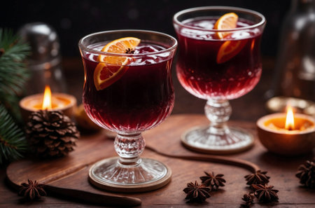 Romantic Winter Evening: Two Glasses of Mulled Wine with Citrus and Cinnamon. Wintertime Comfort: Cups of Fragrant Mulled Wine with a Cozy Atmosphere.の素材