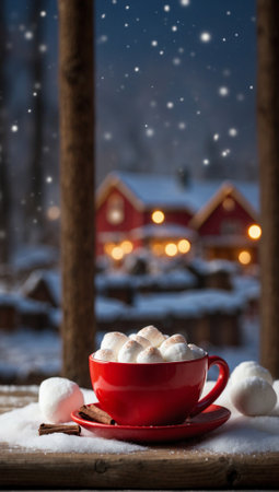 Hot Chocolate Cup with Marshmallow: Winter Festive Composition. Winter Delight: Hot Chocolate and Marshmallow.の素材