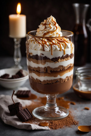 Ice cream with whipped cream and yogurt in a glass. Chocolate dessert.の素材