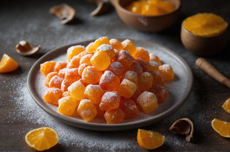Citrus marmalade dusted with powdered sugar. Sweet dessert.の素材