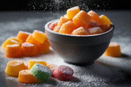 Citrus marmalade dusted with powdered sugar. Sweet dessert.の素材