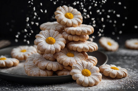 Christmas festive oatmeal cookies shaped like daisies. New Year's sweets. Design of Christmas treats: oatmeal cookies shaped like daisies. New Year's desserts.の素材