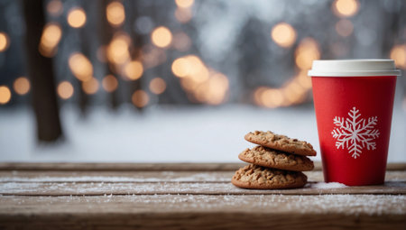 Christmas Coffee Cup: Red Paper Cup in Festive Style. Oatmeal cookies on a wooden bench.の素材
