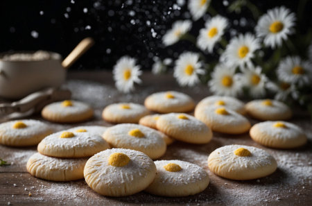 Christmas festive oatmeal cookies shaped like daisies. New Year's sweets. Design of Christmas treats: oatmeal cookies shaped like daisies. New Year's desserts.の素材