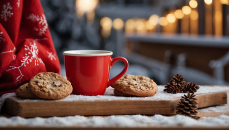 Christmas Coffee Cup: Red Paper Cup in Festive Style. Oatmeal cookies on a wooden bench.の素材