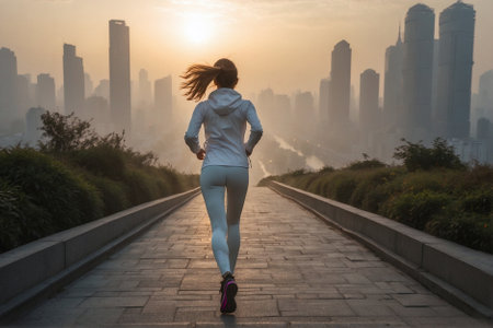 Beautiful Young Athletic Woman Running in White Tight Sportswear through the Morning Empty Megacity. Runner in White Sportswear Jogging through the Empty City Streets at Sunrise.の素材