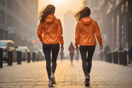 Beautiful young athletic woman in an orange windbreaker and black leggings is running through the deserted morning metropolis. Morning workout in the city: sporty girl in an orange windbreaker and black leggings is running through the deserted streets of the metropolis.の素材