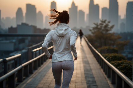 Beautiful Young Athletic Woman Running in White Tight Sportswear through the Morning Empty Megacity. Runner in White Sportswear Jogging through the Empty City Streets at Sunrise.の素材