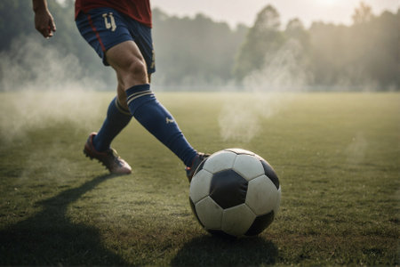 Football players with a ball on the football field, match fragment. Football players in action on the football field, match fragment.の素材