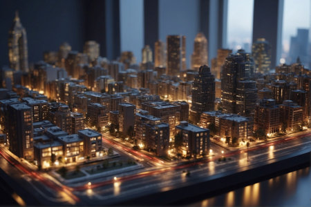 Realistic Illuminated Model of a City Block with Multistory Buildings. Lighted Model of an Urban District with High-Rise Construction.の素材