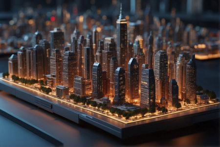 Realistic Illuminated Model of a City Block with Multistory Buildings. Lighted Model of an Urban District with High-Rise Construction.の素材
