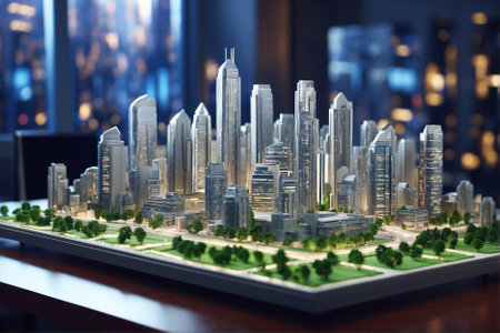 Realistic Illuminated Model of a City Block with Multistory Buildings. Lighted Model of an Urban District with High-Rise Construction.の素材