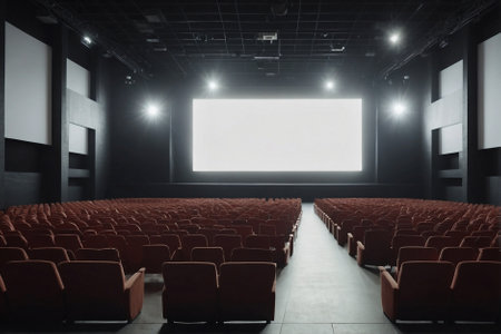 Empty Movie Theater without Audience, White Screen, Cleanliness and Order before a Screening. Uninhabited Cinema Hall with an Empty Screen, Immaculate Cleanliness and Orderliness before a Show.の素材