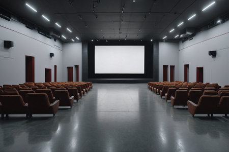 Empty Movie Theater without Audience, White Screen, Cleanliness and Order before a Screening. Uninhabited Cinema Hall with an Empty Screen, Immaculate Cleanliness and Orderliness before a Show.の素材