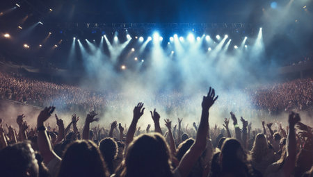 Huge Crowd of Spectators with Raised Hands at a Spectacular Rock Star Concert in a Massive Hall, Lightshow, Special Effects. Lightshow and Special Effects at a Rock Star Concert in a Massive Hall, Huge Crowd of Spectators with Raised Handsの素材