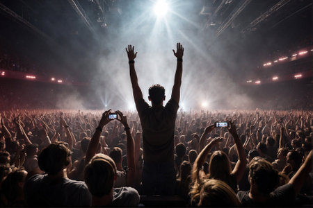 Huge Crowd of Spectators with Raised Hands at a Spectacular Rock Star Concert in a Massive Hall, Lightshow, Special Effects. Lightshow and Special Effects at a Rock Star Concert in a Massive Hall, Huge Crowd of Spectators with Raised Handsの素材