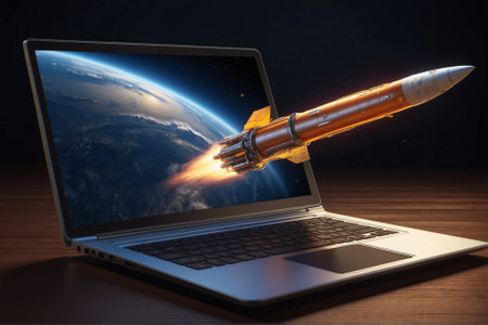 Spaceship taking off from laptop screen, concept of remote control for rocket launch. Spaceship emerging from laptop screen, concept of remotely managing rocket launch.の素材