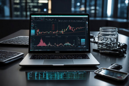 Investor's Laptop with Stock Charts and Tables of Stock Prices on the Screen. How to create an investment portfolio using Stock Charts.の素材