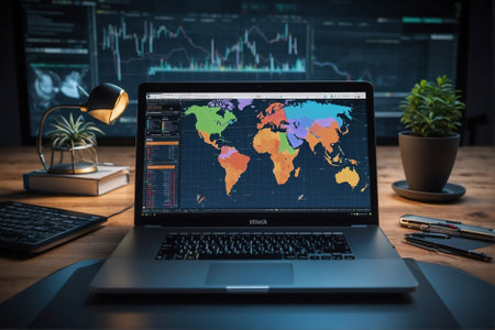 Policy Laptop with World Map and Table of Major Events on the Screen. Laptop with World Map and Table of Major Events on the Screen.の素材