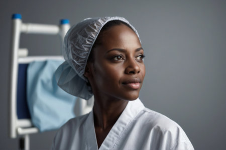 Beautiful young Afro-American woman in a white lab coat. Medical worker. Portrait in a medical facility. Medical worker. Portrait of an attractive young Afro-American woman in a white lab coat. Medical environment.の素材