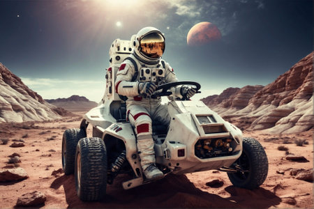 Fantastic journey: astronaut on a vehicle exploring mysterious planet. Astronaut exploring fantastic unknown planet on a vehicle: epic shot.の素材