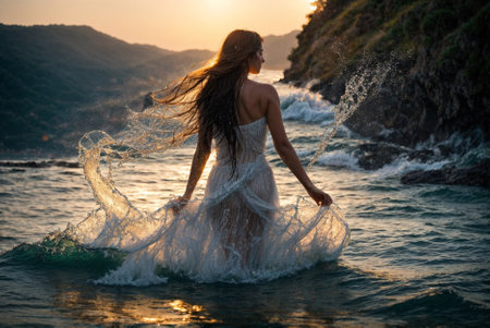 Beautiful young girl emerges from the water with splashes and splashes, underwater princess, water princess, water droplets envelop the beautiful female bodyの素材