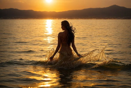 Beautiful young girl emerges from the water with splashes and splashes, underwater princess, water princess, water droplets envelop the beautiful female bodyの素材