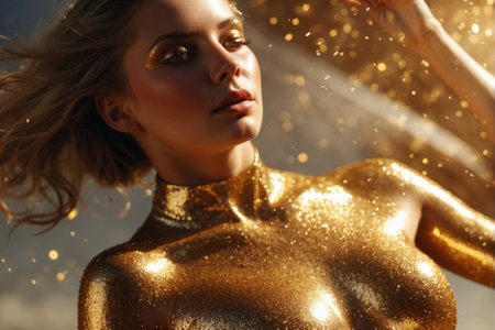 Stunning beautiful slender young spectacular woman in gold tight-fitting luxury clothes. Beauty, high fashion, luxurious beautiful life.の素材