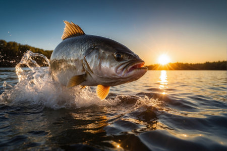 Big Fish Emerges from Water Under Bright Sun. Leaping Splashes Against a Backdrop of Light.の素材