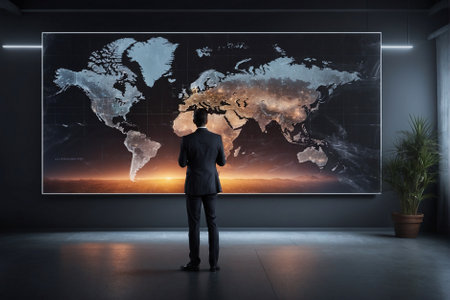 A business man, the CEO of an investor, makes a report on the big screen about the development of a global company and an increase in sales volumes.の素材