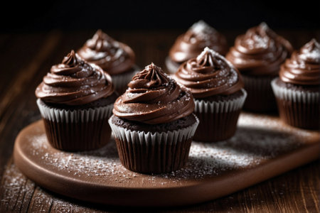 Chocolate cupcakes covered with chocolate icing with powdered sugar on a wooden board, a festive dessert.の素材
