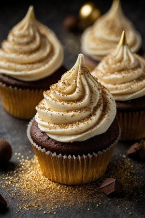 Holiday Sweets: New Year Cupcakes. Glitter of the Golden Holiday: Cupcakes with Glaze.の素材