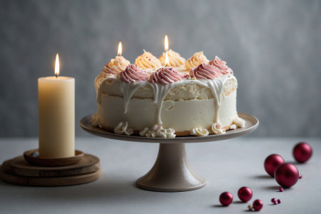 Birthday cake with candles and white chocolate icing, food photo.の素材