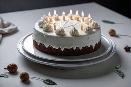 Birthday cake with candles and white chocolate icing, food photo.の素材