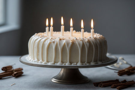 Birthday cake with candles and white chocolate icing, food photo.の素材