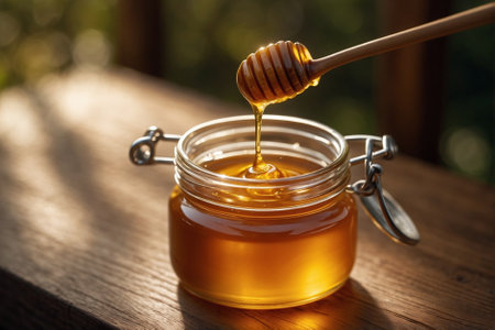 Fresh meadow honey dripping off a spoon into a glass jar, summer sunny day. Fresh honey: a summer delicacy. Meadow honey: the sweetness of nature.の素材