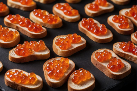 Toasts with red caviar, food photos, festive dish, delicacy. Caviartastic: Toasts with Red Caviar. Elegant Delicacy: Red Caviar on Toasts.の素材
