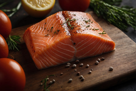 Salmon on Board: Culinary Masterpiece. Fresh Salmon: Perfect Start to the Day.の素材