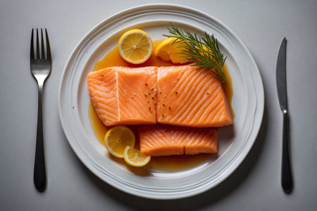 Salmon on Board: Culinary Masterpiece. Fresh Salmon: Perfect Start to the Day.の素材