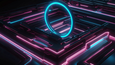 Dark tunnel with pink and blue flames, digital art, cyclic 3D rendering, swirling, circular background, high resolution, neon-pink and black color palette, hyper-granular photography, high resolution, neon lights outside, spirals, pink and purple. Neon-lit dark tunnel with pink and blue flames.の素材