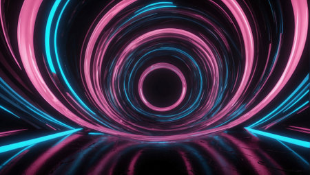 Dark tunnel with pink and blue flames, digital art, cyclic 3D rendering, swirling, circular background, high resolution, neon-pink and black color palette, hyper-granular photography, high resolution, neon lights outside, spirals, pink and purple. Neon-lit dark tunnel with pink and blue flames.の素材
