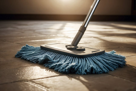Professional Mop on Parquet Floor. The Concept of Professional Cleaning: Image of a Mop on Parquet Floor.の素材