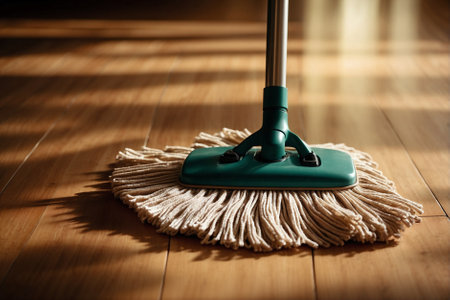 Professional Mop on Parquet Floor. The Concept of Professional Cleaning: Image of a Mop on Parquet Floor.の素材
