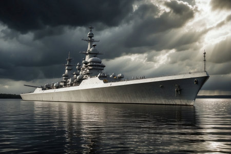 A large warship, the flagship of the fleet, sailing on big waves in a storm, a symbol of indestructibility. A massive combat ship, the fleet's flagship, sailing on turbulent waves in a storm, a symbol of invincibility.の素材
