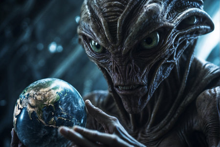 Angry enormous alien holding Earth globe, concept of extraterrestrial intelligence. Sinister gigantic alien with Earth globe in hands, idea of extraterrestrial intelligence.の素材