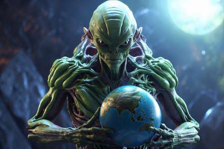 Angry enormous alien holding Earth globe, concept of extraterrestrial intelligenceの素材