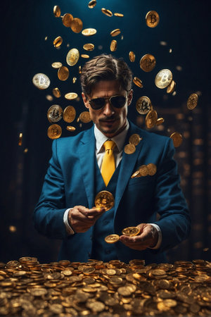 Businessman investor holding a Bitcoin coin, cryptocurrency market concept. Investor with Bitcoin coin in hand, cryptocurrency market symbol.の素材