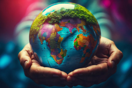 Person holding Earth globe, concept of nature and planet Earth preservation. Person with Earth globe, symbol of nature and our planet preservation.の素材