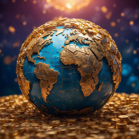 Representation of the globe and planet Earth surrounded by a vast amount of golden coins, concept of global trade. Concept of global trade: representation of the globe and planet Earth surrounded by a vast amount of golden coins.の素材